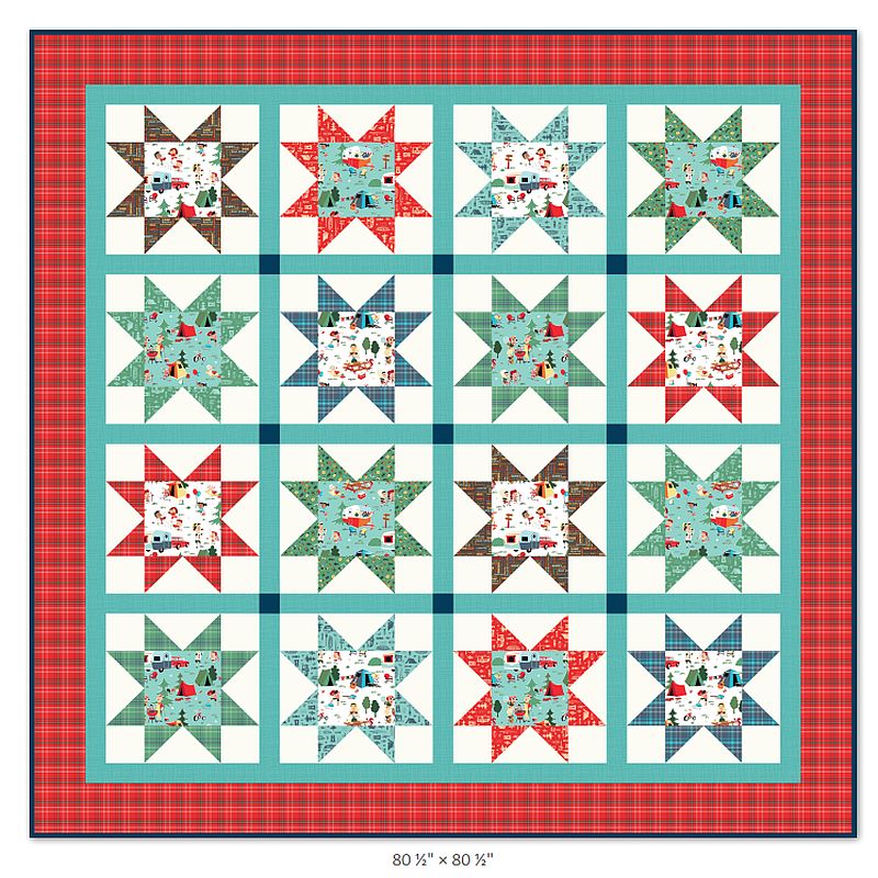 Quilt pattern design layout with patchwork pinwheels on red plaid border