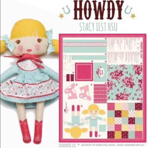 Howdy western fabric panel with doll figure and motifs in teal, pink, and red