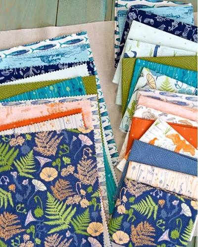 Assorted 10-inch cotton fabric squares, blue, green, orange animal and botanical prints.