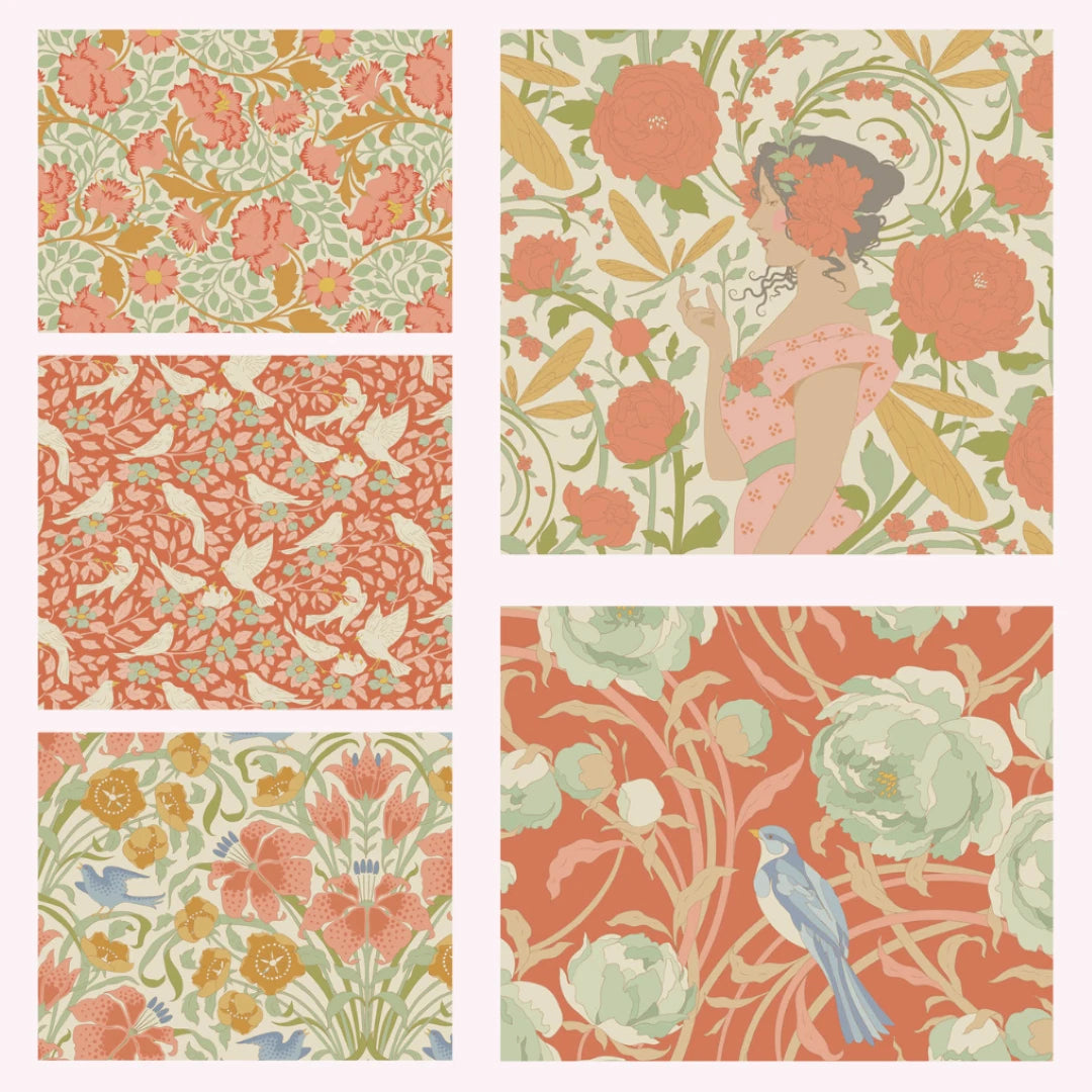 Six square swatches of coral and green floral bird fabric patterns