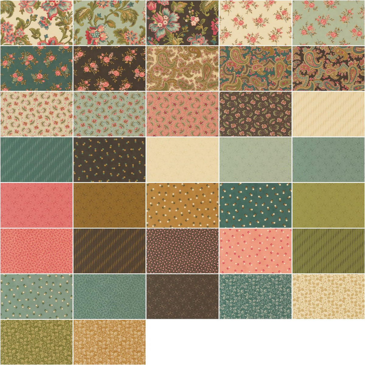Fabric swatch grid with floral, paisley, and stripe prints in pink, green, and brown