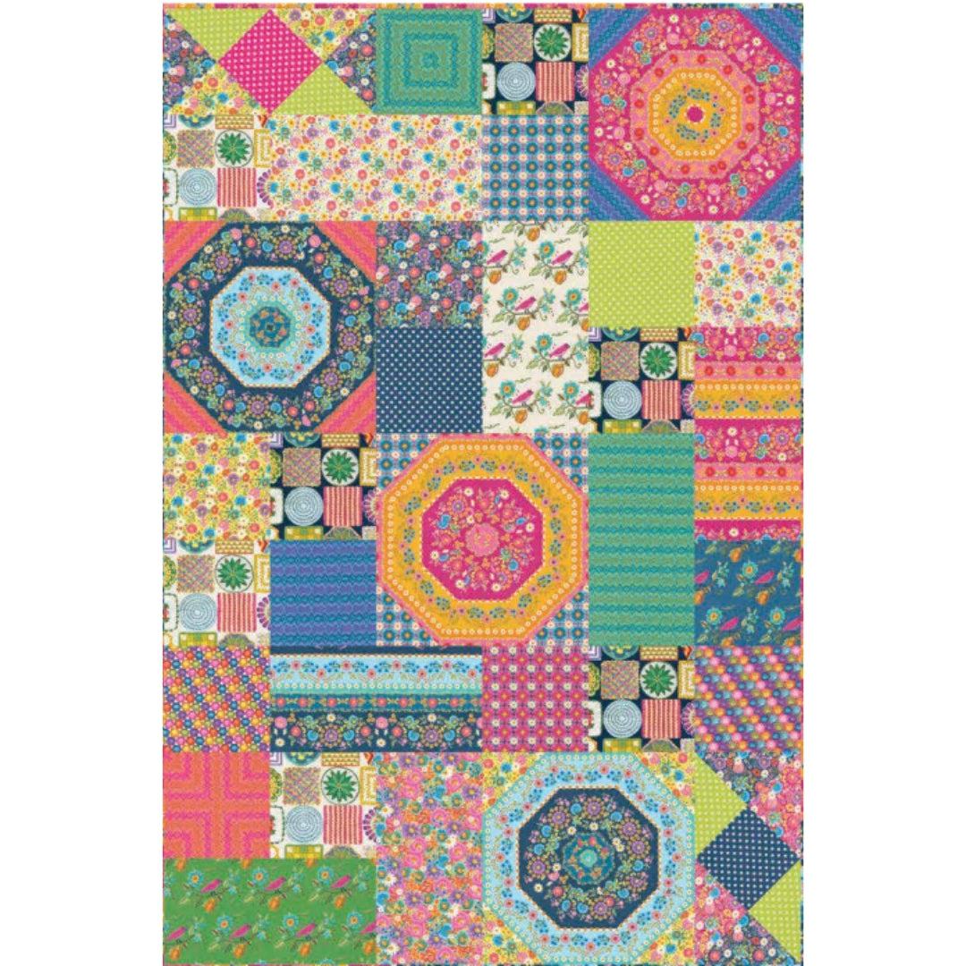 Patchwork quilt design with colorful geometric squares and circular medallion blocks