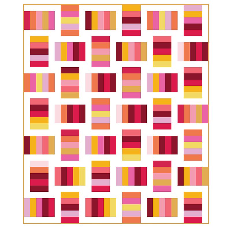 Quilt pattern PDF with multicolor striped square blocks in pink, orange, and red