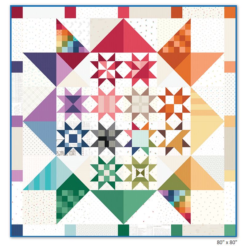 Quilt pattern featuring colorful patchwork blocks with star and geometric designs