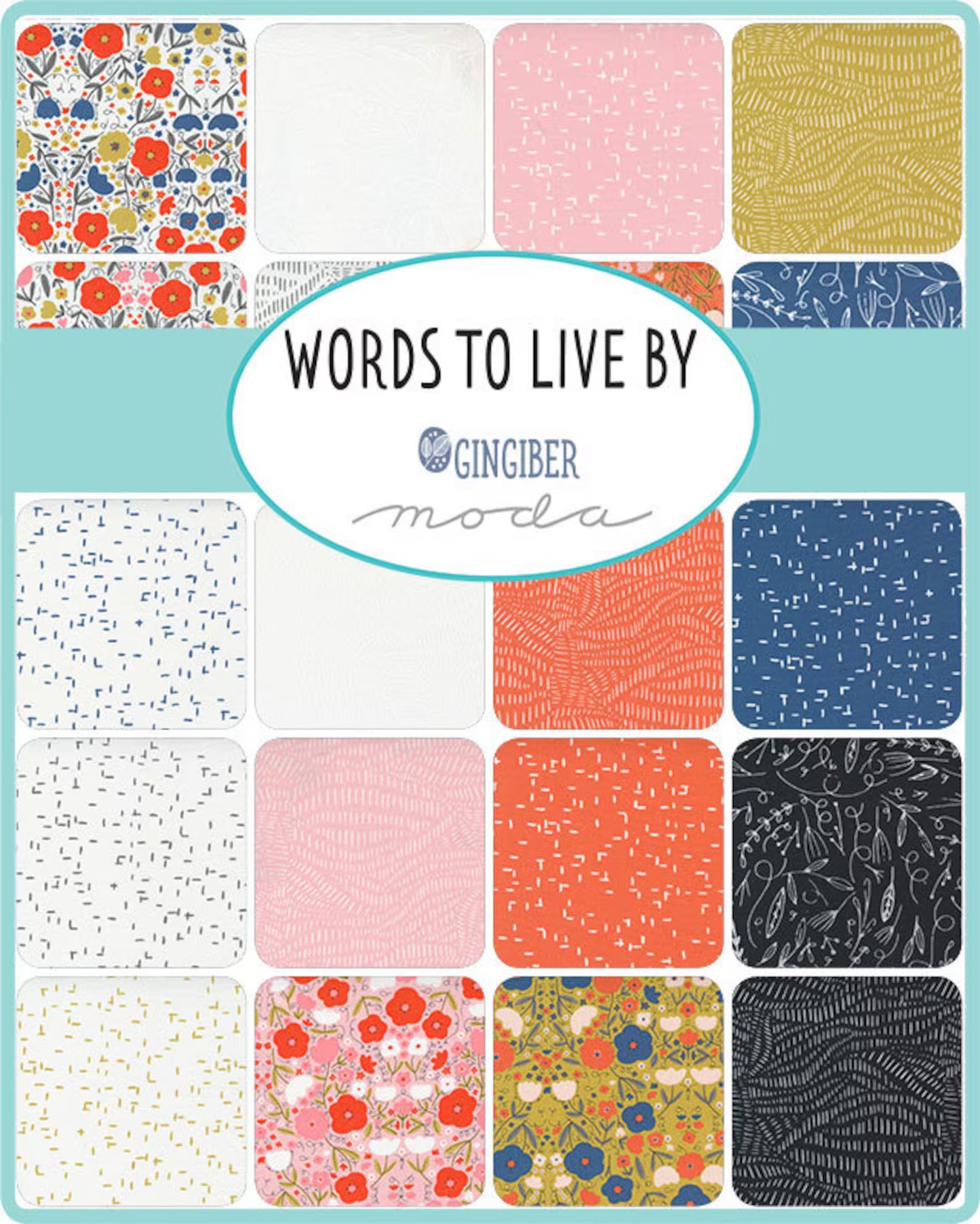 Charm pack swatch card showing 5-inch squares in pink, orange, blue, tan, and dark
