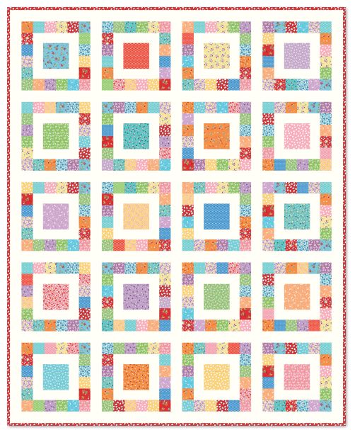 Jelly roll friendly quilt pattern featuring multicolor square blocks in patchwork layout