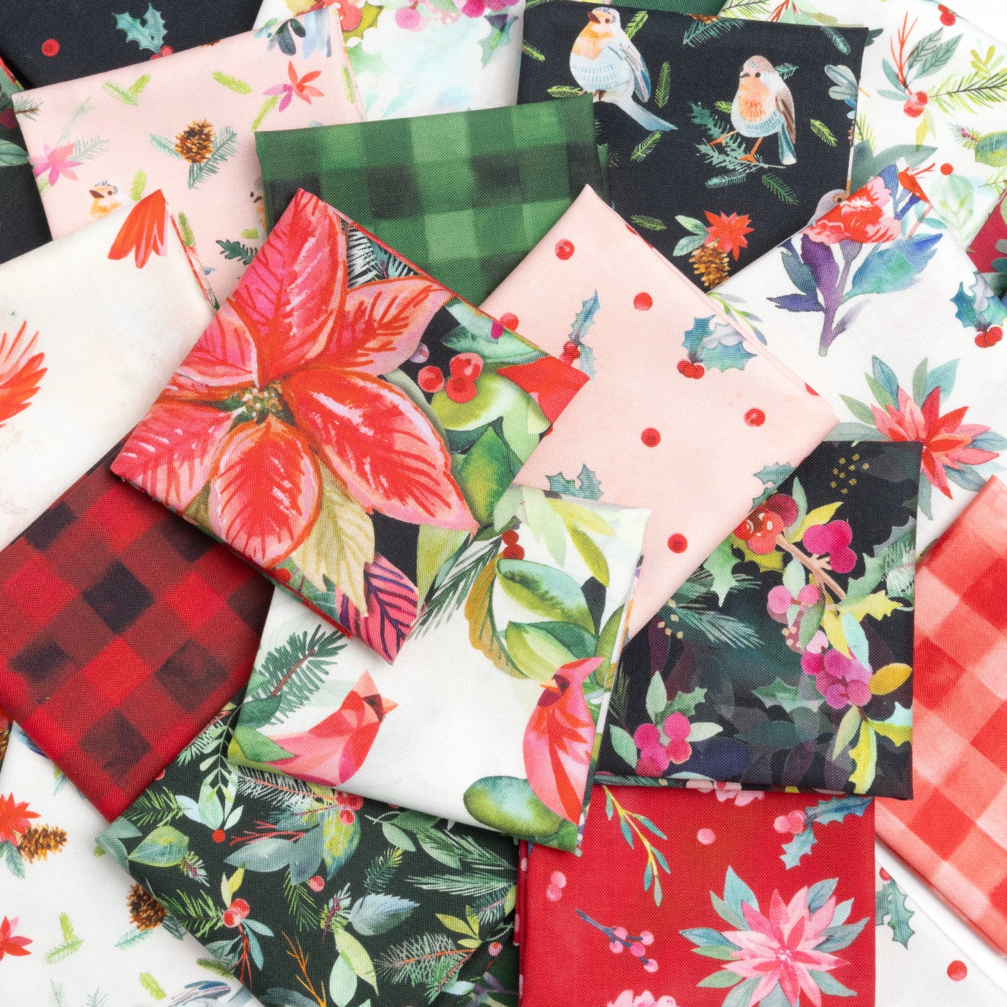 Collection of colorful fabric swatches with floral and plaid patterns.