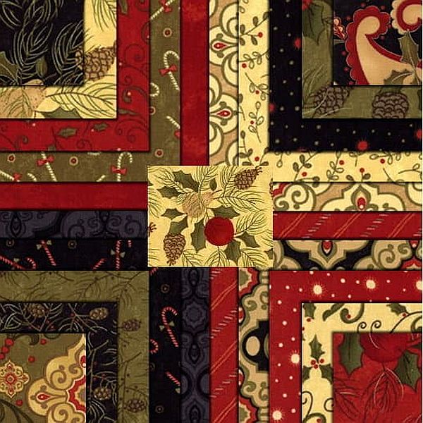 Patchwork collage of printed fabric squares in green, red, and gold motifs