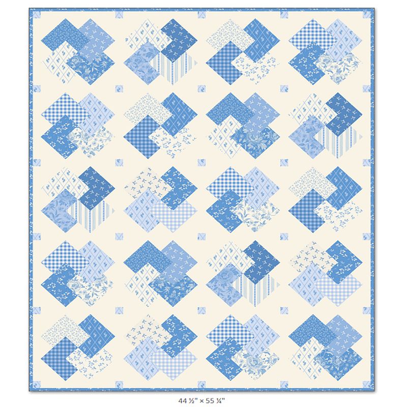 Penny Rose quilt pattern layout with blue and white patchwork squares and diamonds
