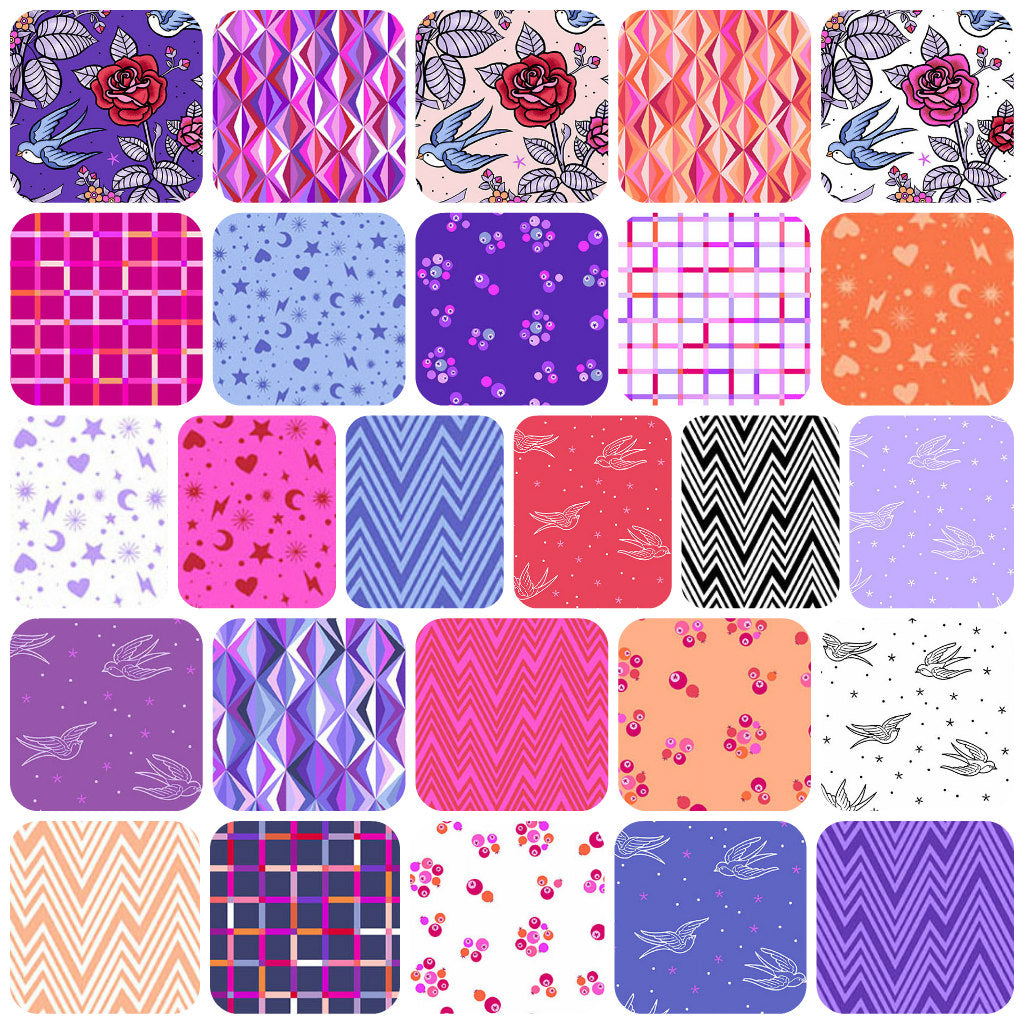 Set of multicolor fabric charm squares with assorted prints, shown in a 4x4 grid.