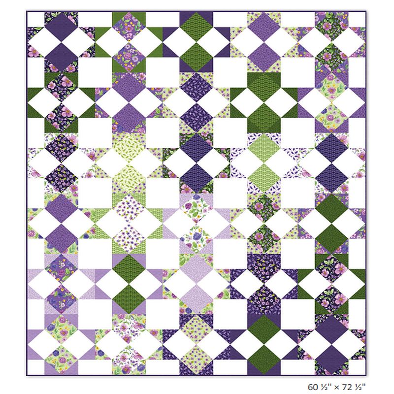 Plum, green and white quilt patchwork design with floral diamond blocks