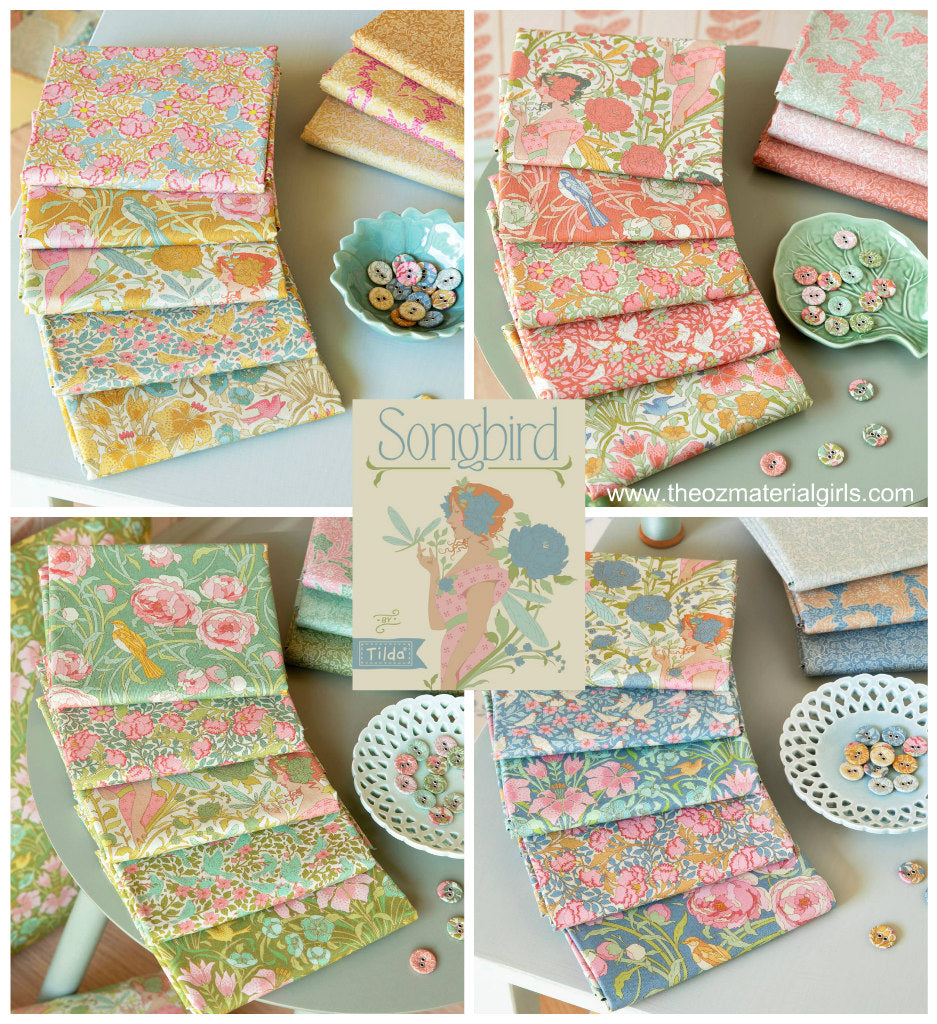 Fabric stack of 10in squares, pastel songbird and floral prints