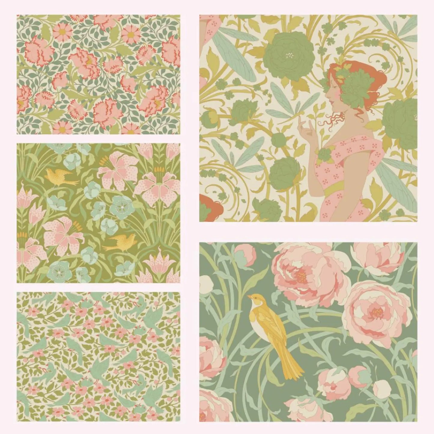 Fat quarter fabric squares with green foliage, florals, and birds in pastel pinks