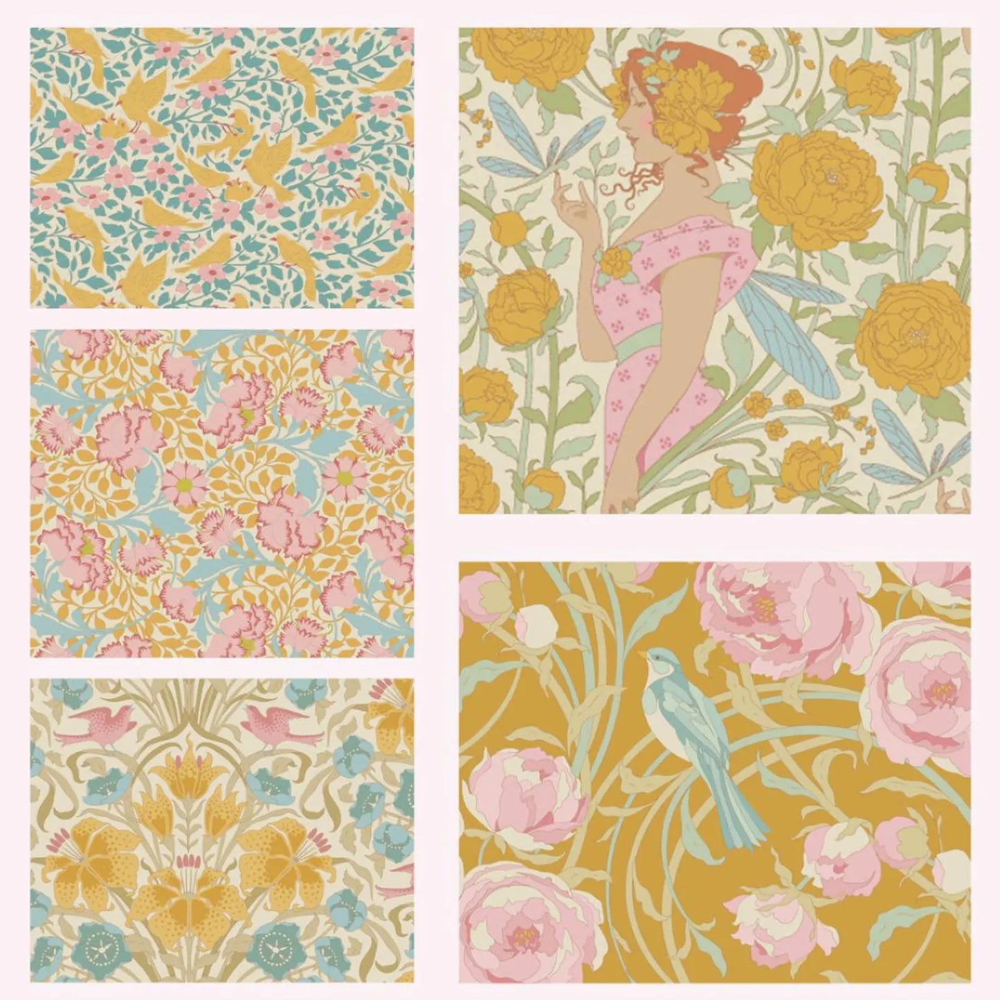 Set of four fat quarter fabric prints featuring florals, birds, and foliage in soft colors