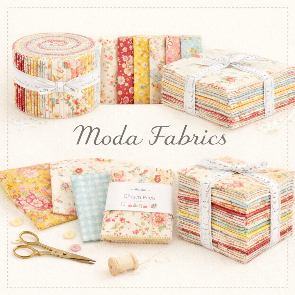 Moda fabrics collection featuring quilting fabrics and precut bundles including jelly rolls charm packs and layer cakes