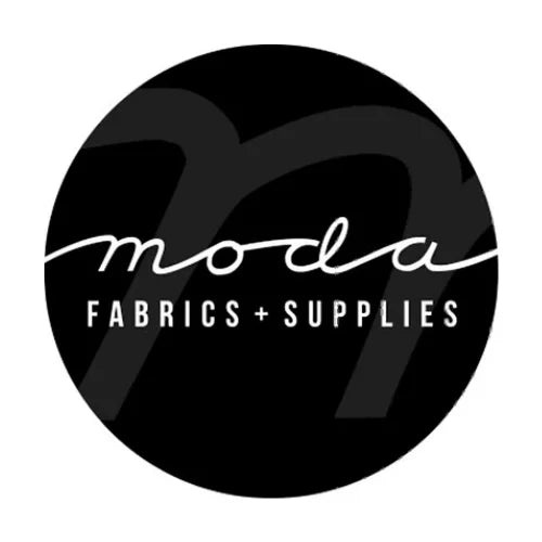 Black and white logo for Moda Fabrics and Supplies