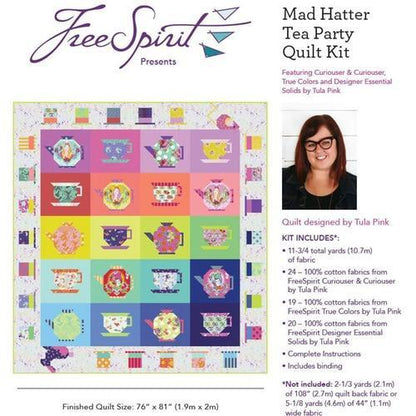Quilt kit packaging showing multicolor tea party quilt design and instruction callouts