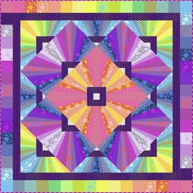 Colorful starburst patchwork quilt with dark navy border and square center