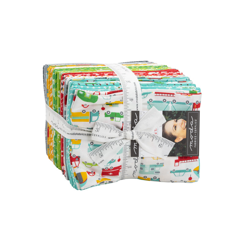 Transport-themed fabric fat quarter bundle with multicolor vehicles and measurement markings