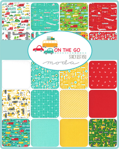 On the Go fabric fat quarter assortment in teal, red, yellow, and green with cars