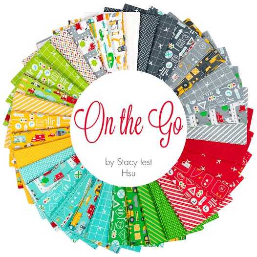 On the Go fabric fat quarter ring with mixed vehicle prints in bright green, red, and blue