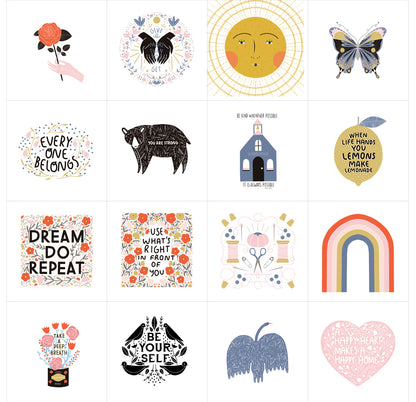 Quilt fabric print swatch assortment with animals, flowers, hearts, and rainbow designs on white
