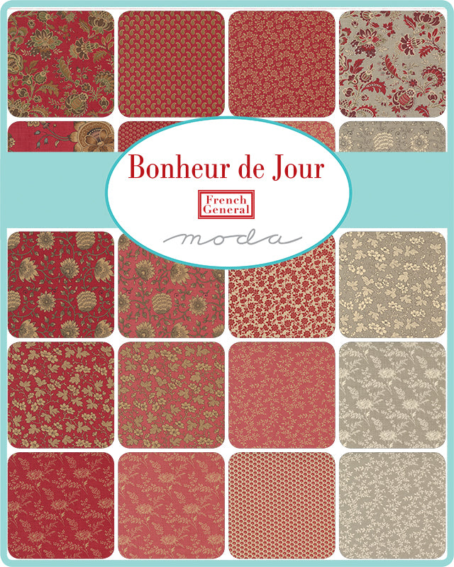 Fat quarter fabric bundle swatch grid with red and cream floral and geometric prints