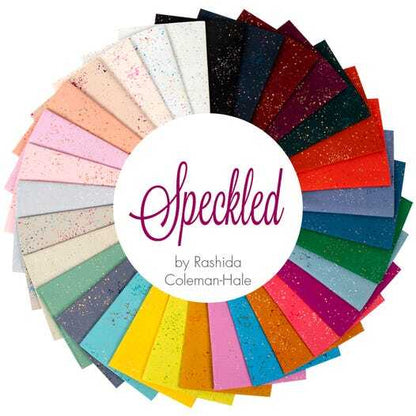 Speckled fat quarter fabric selection fanned in a circular rainbow of colors