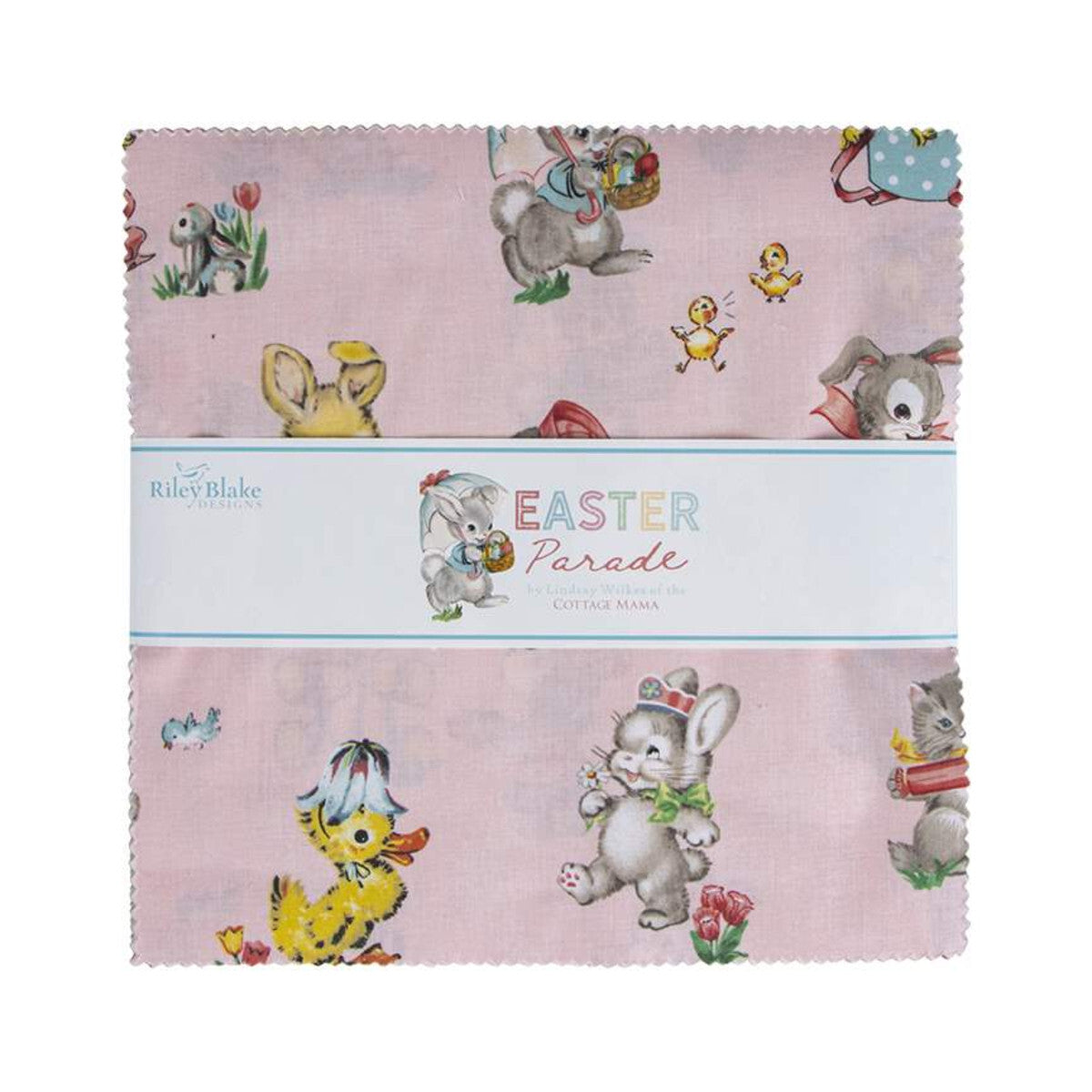 Lavender Easter fabric squares with bunnies, chicks, and garden motifs