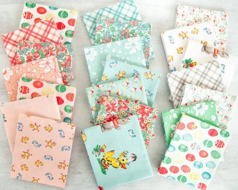 Pastel Easter fabric squares bundle with plaid and floral prints, bunnies and eggs