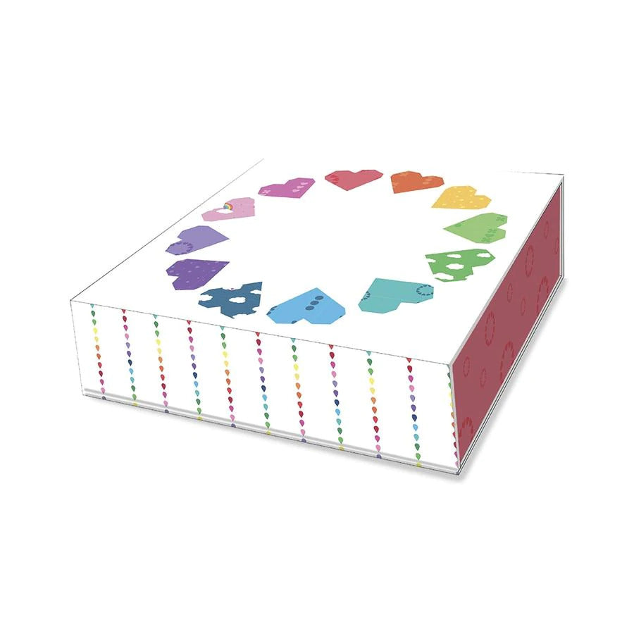 Bright heart patchwork quilt kit box with multicolor hearts on white lid