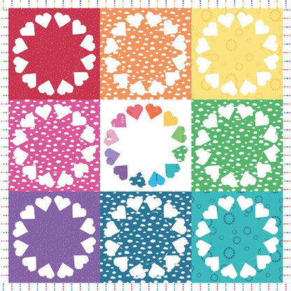 Heart-themed quilt fabric squares in bright red to purple
