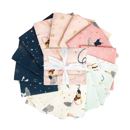 Ballet-themed fabric fat quarters with stars, sparkles, and ballerina figures in pastel colors