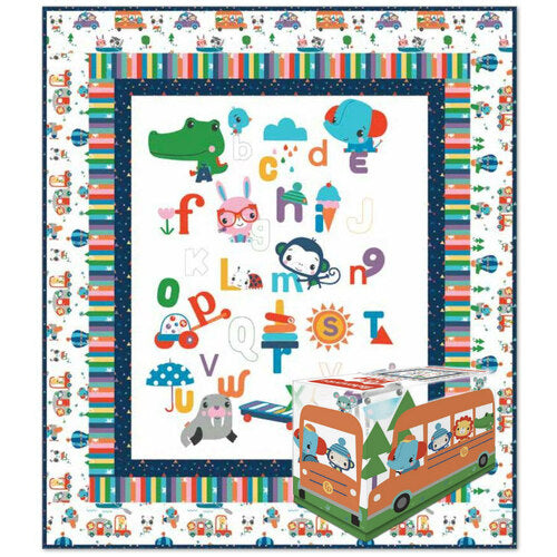 Quilt kit panel with colorful alphabet animals on white fabric, framed by striped border