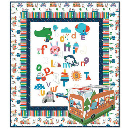 Quilt kit panel with colorful alphabet animals on white fabric, framed by striped border