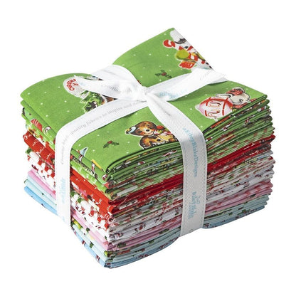 Christmas fabric fat quarter bundle with green, red, and white holiday prints, tied with ribbon