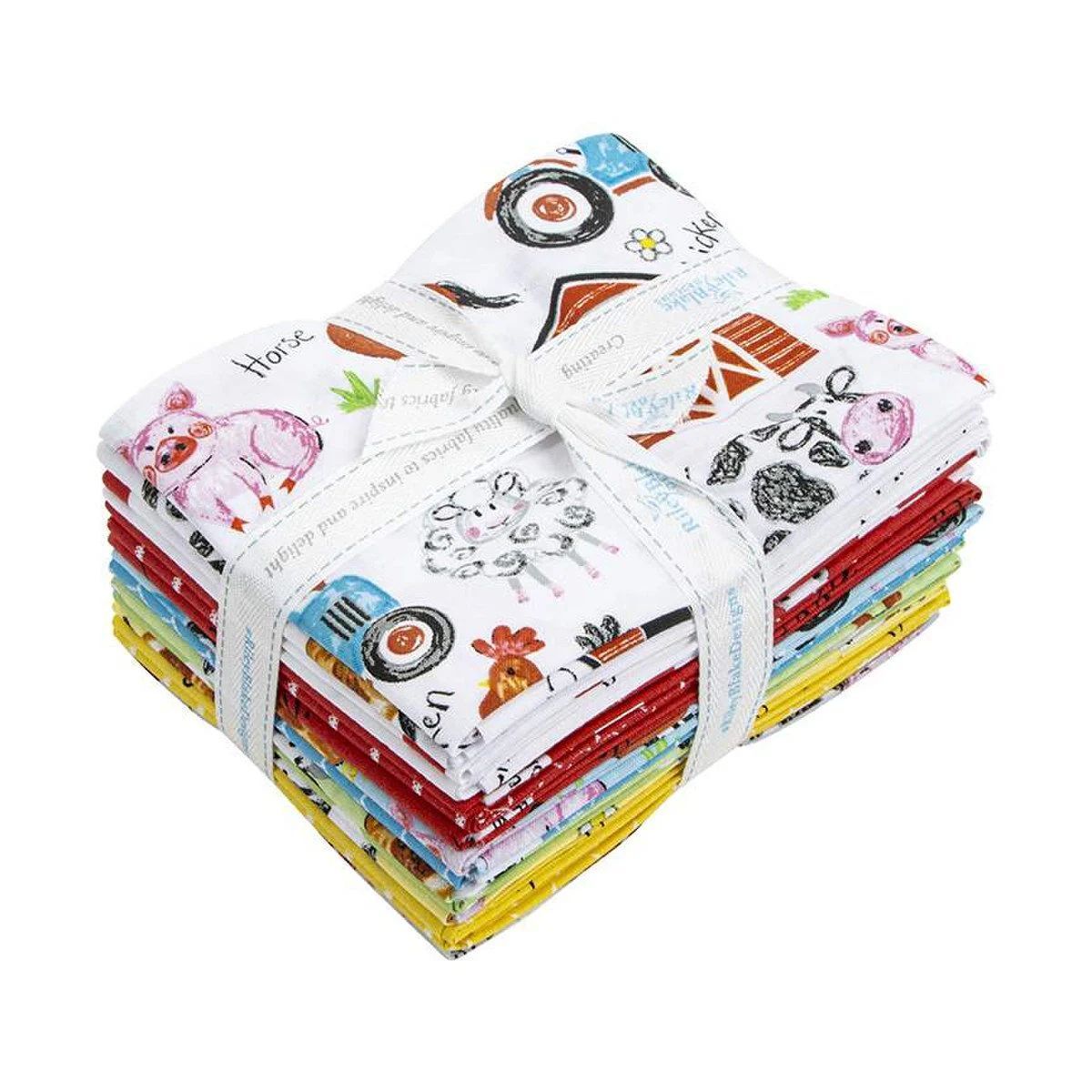 Farm animal print cotton fat quarter bundle, stacked and tied with ribbon