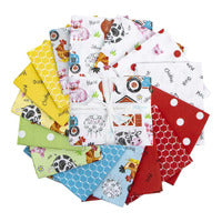 Assorted farm animal print fat quarters in bright colors, folded stack