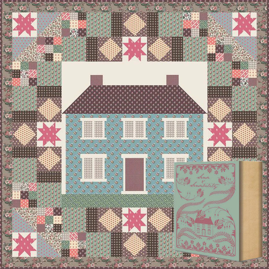 Quilt kit patchwork quilt with house center panel, pink and teal blocks, cream and brown trim