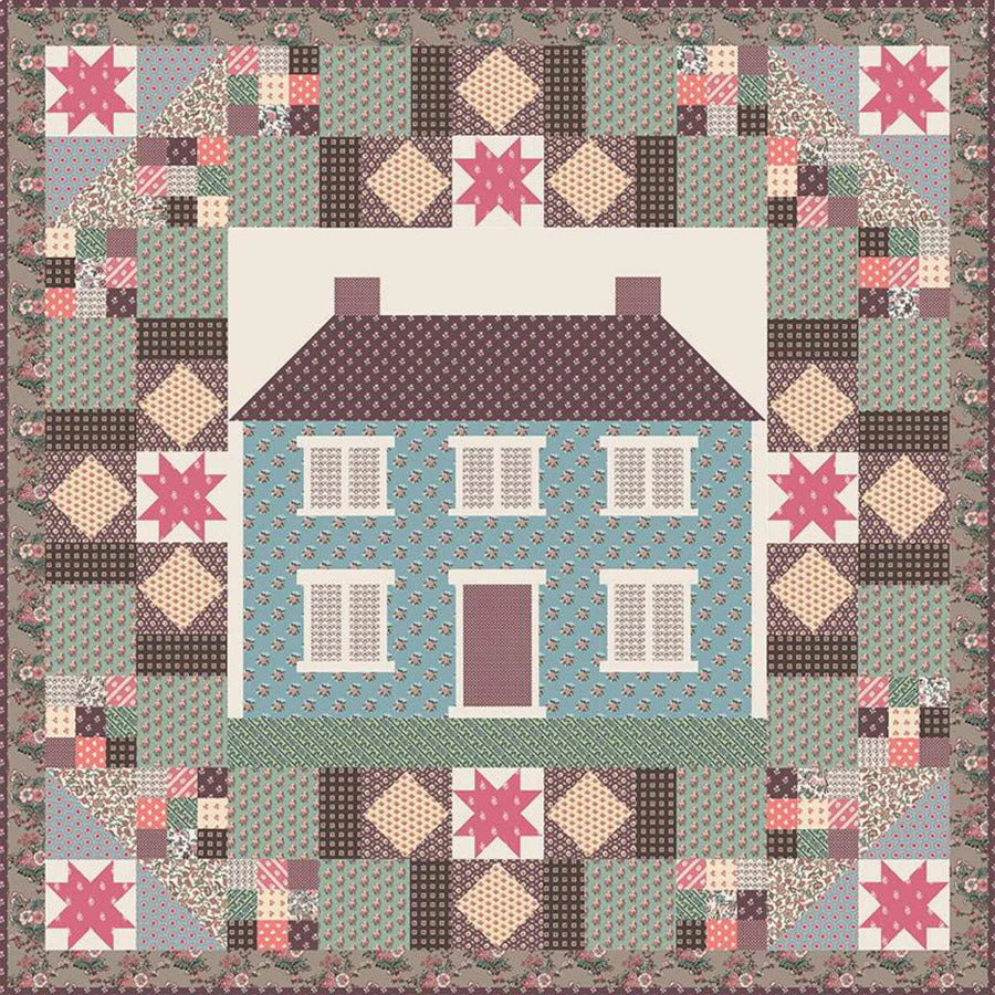 Quilt kit patchwork quilt top with central white house panel and pink, teal, brown patterned border