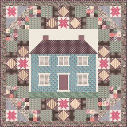 Quilt kit patchwork quilt top with central white house panel and pink, teal, brown patterned border