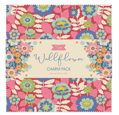 Floral charm squares fabric pack with pink, blue, and green patterned squares