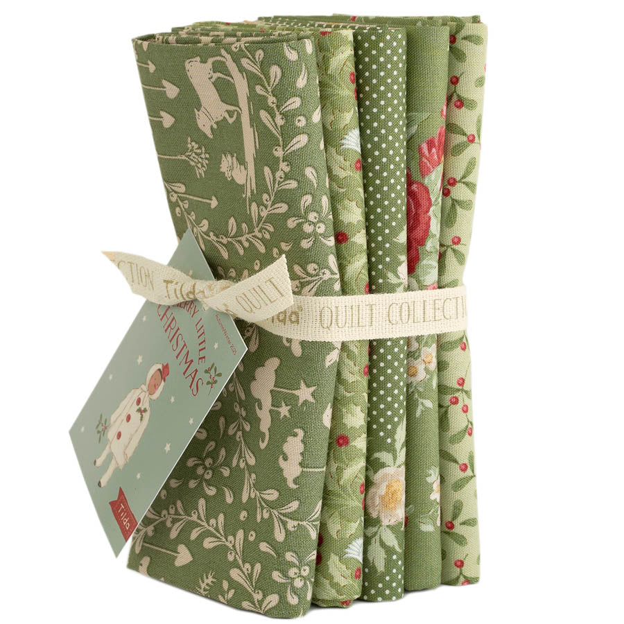 Green Christmas-themed fat quarter fabric bundle, stacked squares with deer and floral prints.
