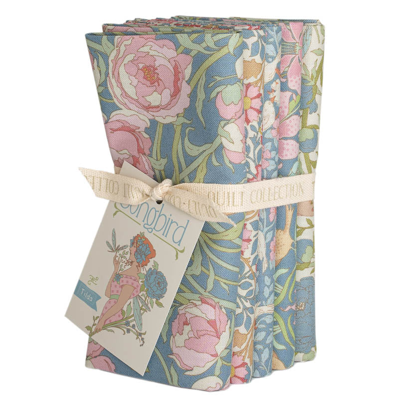 Blue floral songbird fat quarter bundle with multiple coordinated printed fabric squares