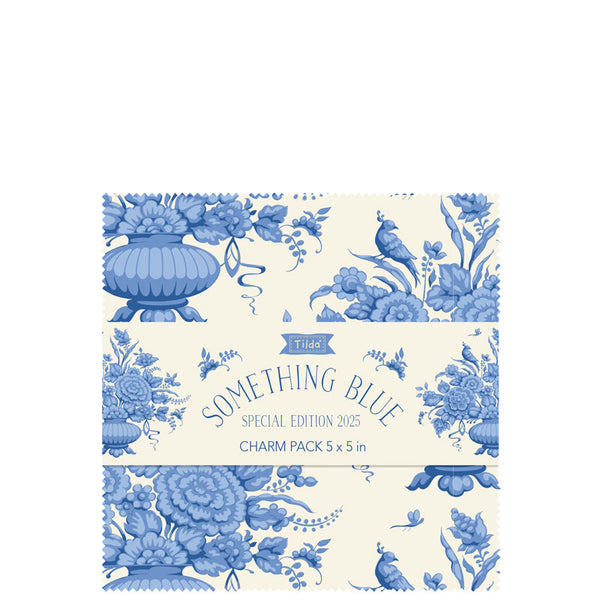 Charm pack of 5-inch quilt squares with blue birds and floral pattern