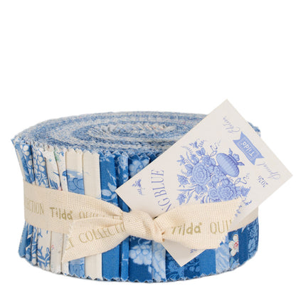 Blue fabric jelly roll bundle with 2.5-inch cotton strips, tied with cream ribbon