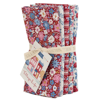 Burgundy and blue floral fat quarter fabric bundle, assorted flower prints and stripes