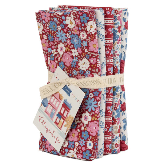 Burgundy and blue floral fat quarter fabric bundle, assorted flower prints and stripes