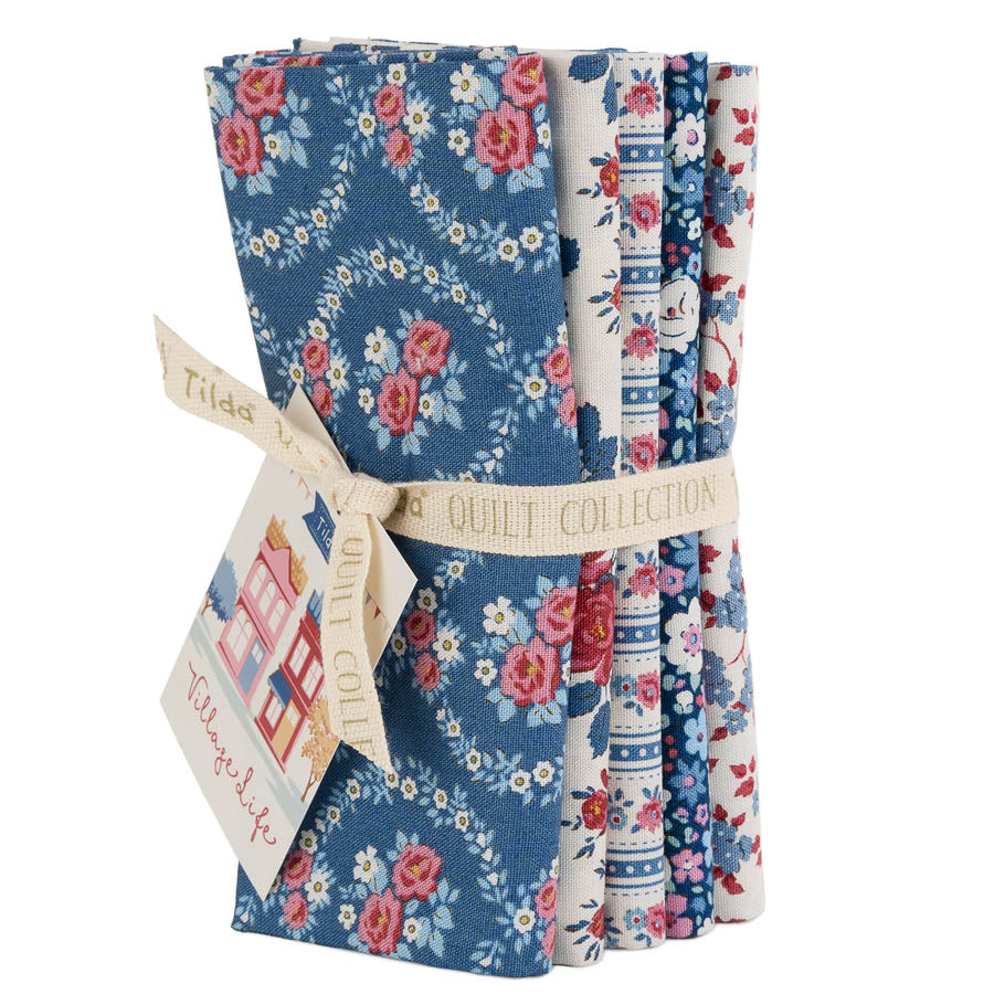 Floral fat quarter bundle, blue rose and wildflower prints, 5 folded fabrics