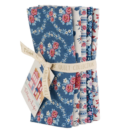 Floral fat quarter bundle, blue rose and wildflower prints, 5 folded fabrics